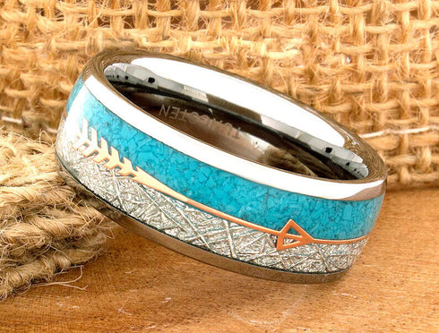 Men's 8mm Tungsten Cupid's Arrow Turquoise Meteorite Inspired Comfort-Fit Band